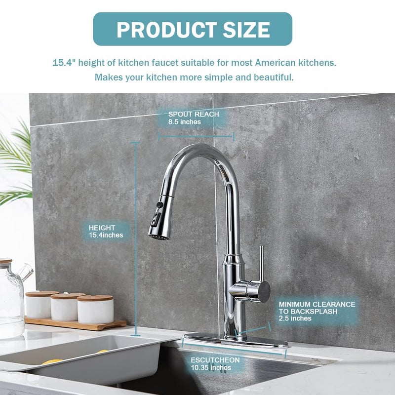Arofa Kitchen Faucet with Pull Down Sprayer, Chrome Faucet for Kitchen Sink Stainless Steel Kitchen Faucets, Single Handle 1 or 3 Hole Faucet with Escutcheon for RV, Outdoor, Laundry & Utility Room Sink - Image 3